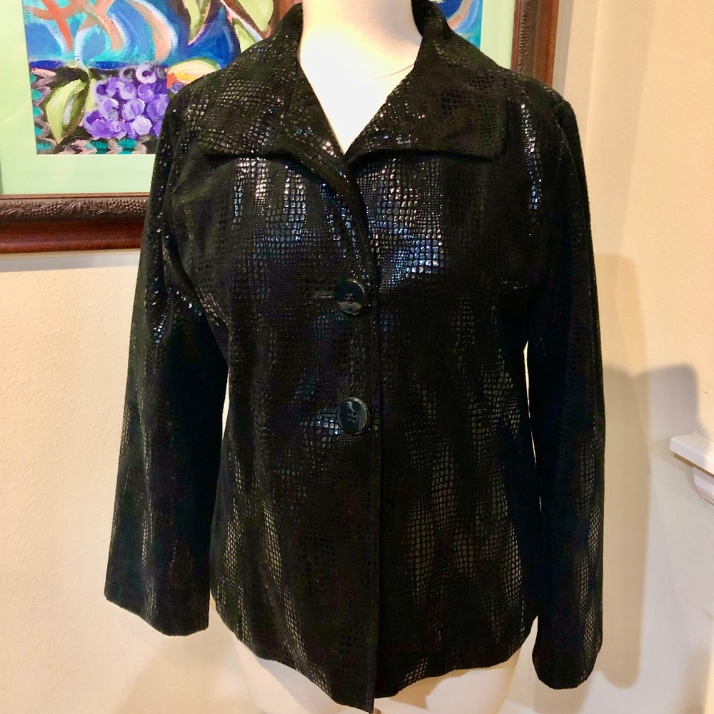 Chico’s 100% Leather Black Lined Blazer Jacket Shiny Snake Skin Print - sz 1/S